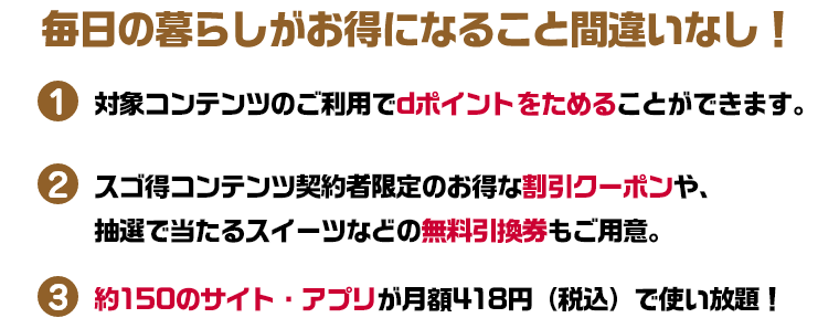 毎日の暮らしがお得になること間違いなし！ (1)対象コンテンツのご利用でdポイントをためることができます。 (2)スゴ得コンテンツ契約者限定のお得な割引クーポンや、抽選で当たるスイーツなどの無料引換券もご用意。 (3)約150のサイト・アプリが月額418円（税込）で使い放題！